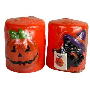 2 New Vintage Sealed Halloween Votive Candles Black Cat Jack O Lantern Pumpkin